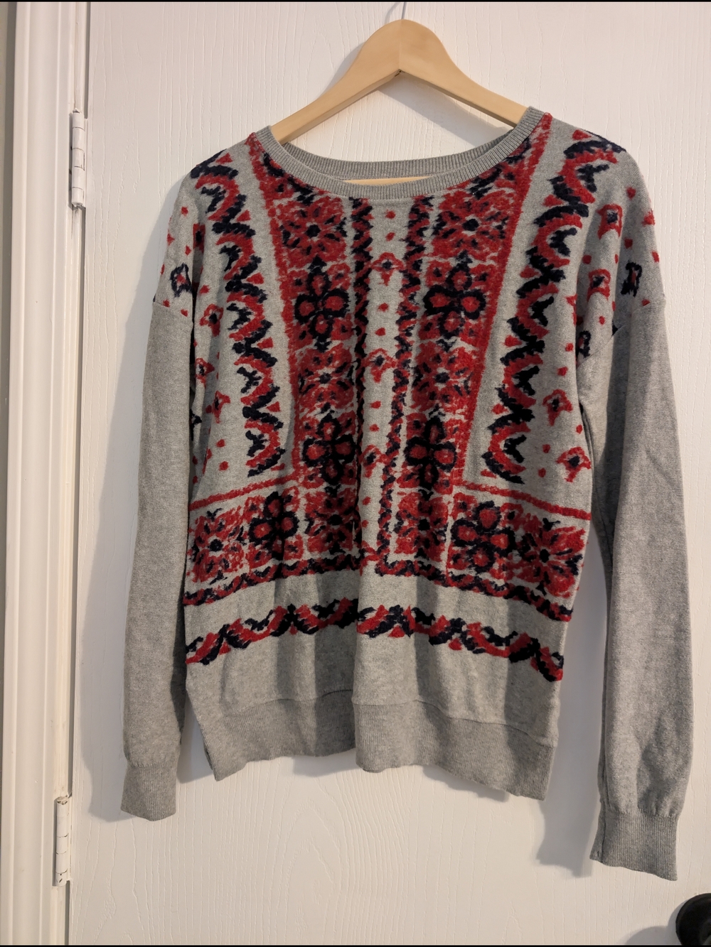Lucky Brand Gray Sweater with Red and Black Floral Pattern